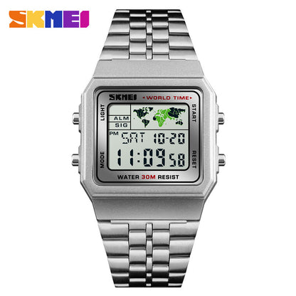 SKMEI Business Waterproof Men Watch World Time Stainless Steel Band