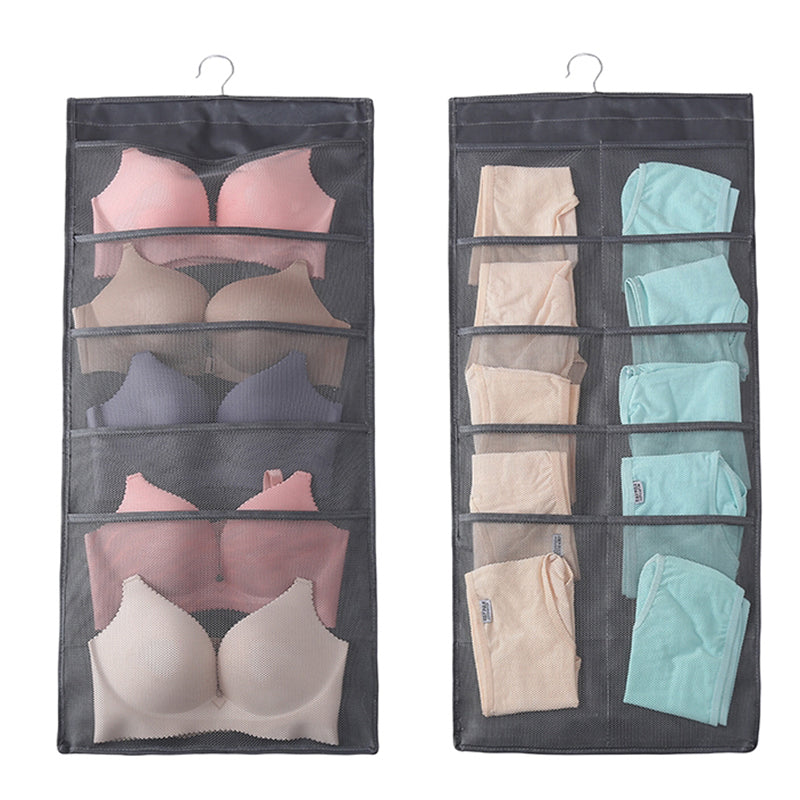 Dual-sided Hanging Closet Organizer for Underwear Sock Toiletries Bra 15 Mesh Pockets