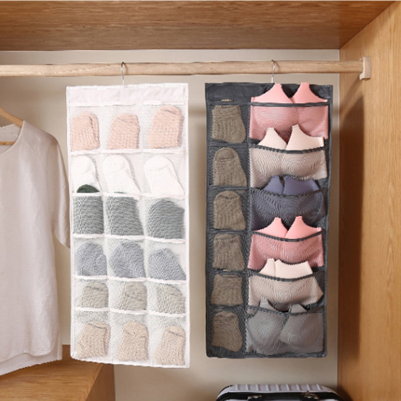 Dual-sided Hanging Closet Organizer for Underwear Sock Toiletries Bra 30 Mesh Pockets