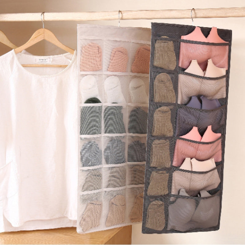 Dual-sided Hanging Closet Organizer for Underwear Sock Toiletries Bra 30 Mesh Pockets