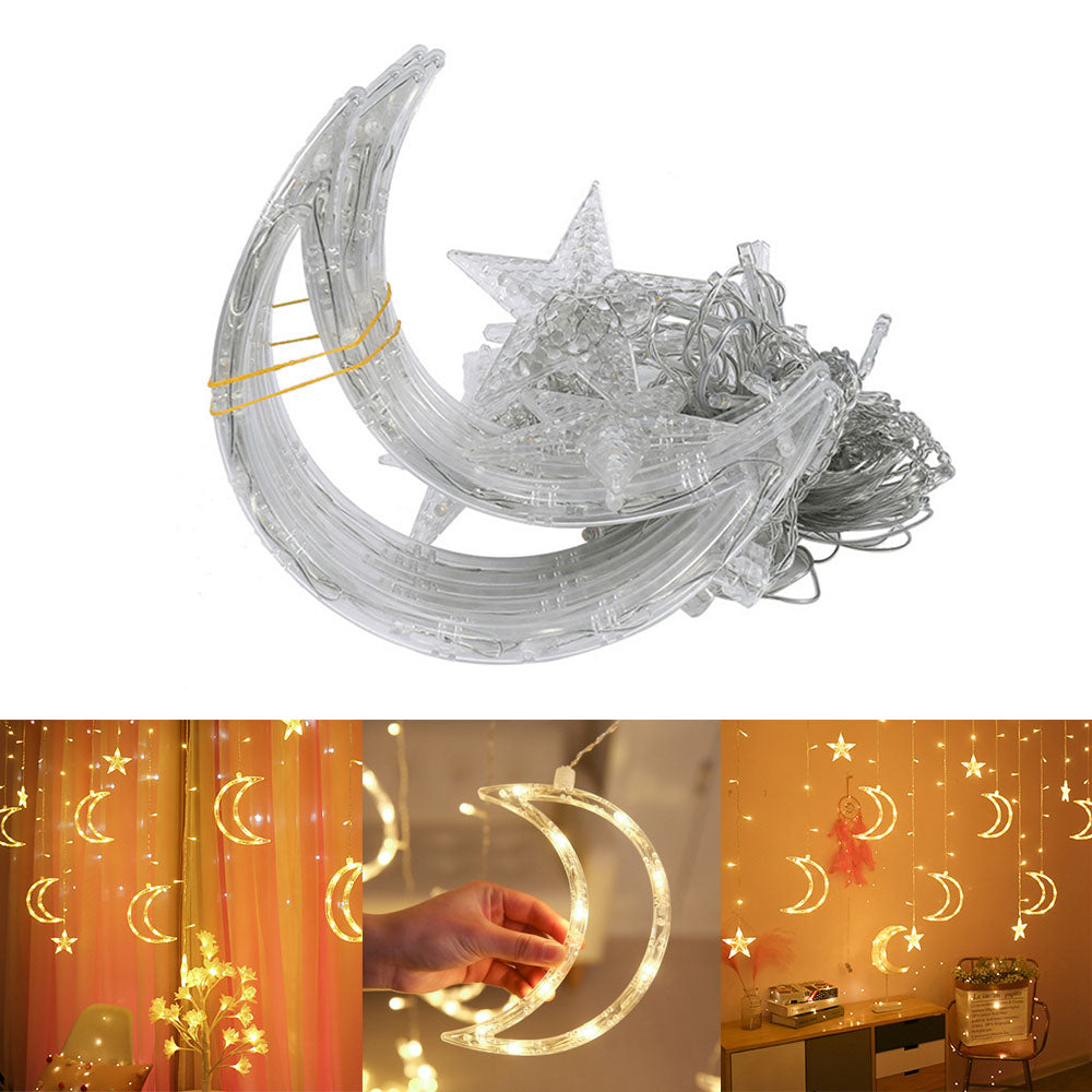 220V 3.5m LED Moon Star Fairy Curtain String Lights Warm White for Shop Window Xmas EU Plug