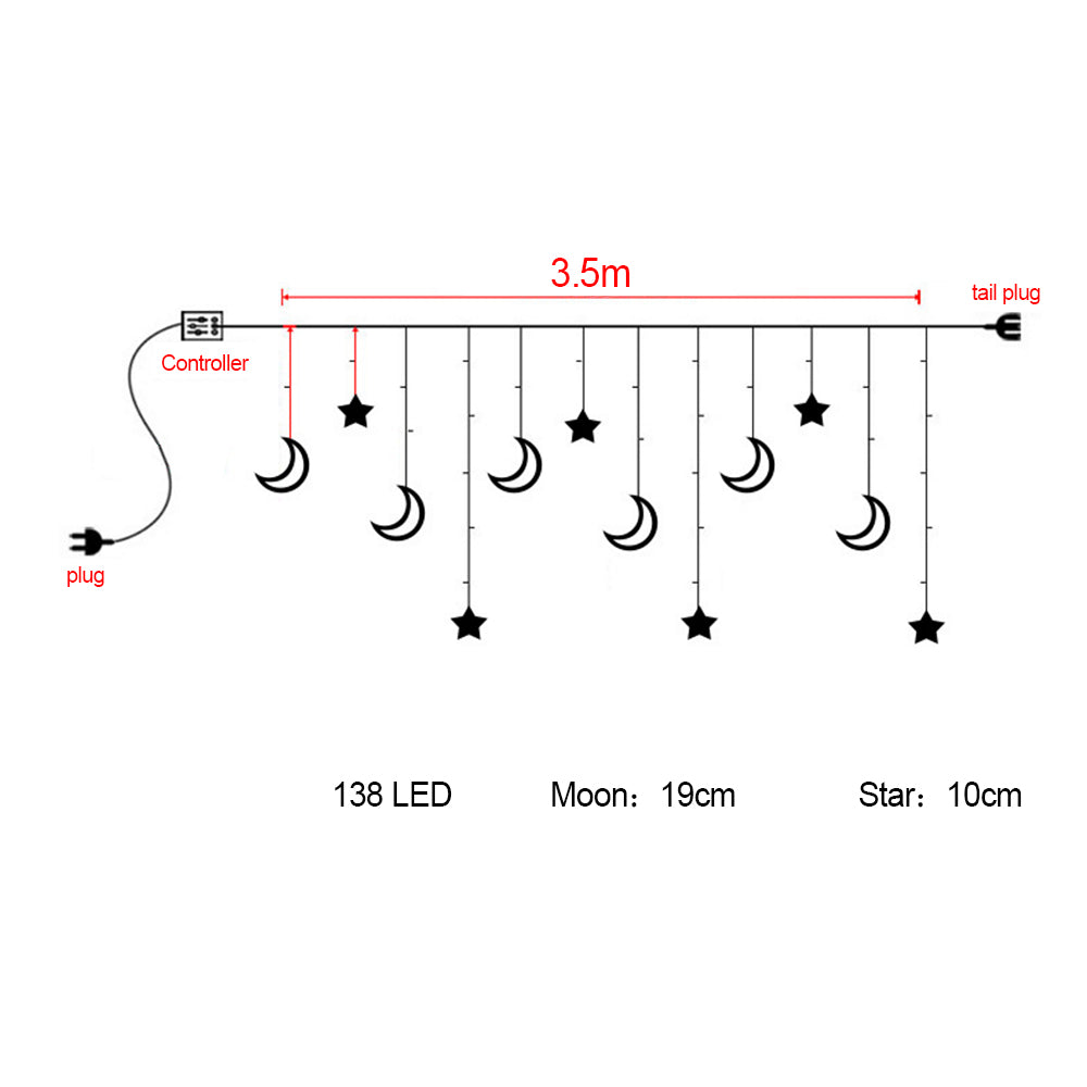 220V 3.5m LED Moon Star Fairy Curtain String Lights Warm White for Shop Window Xmas EU Plug