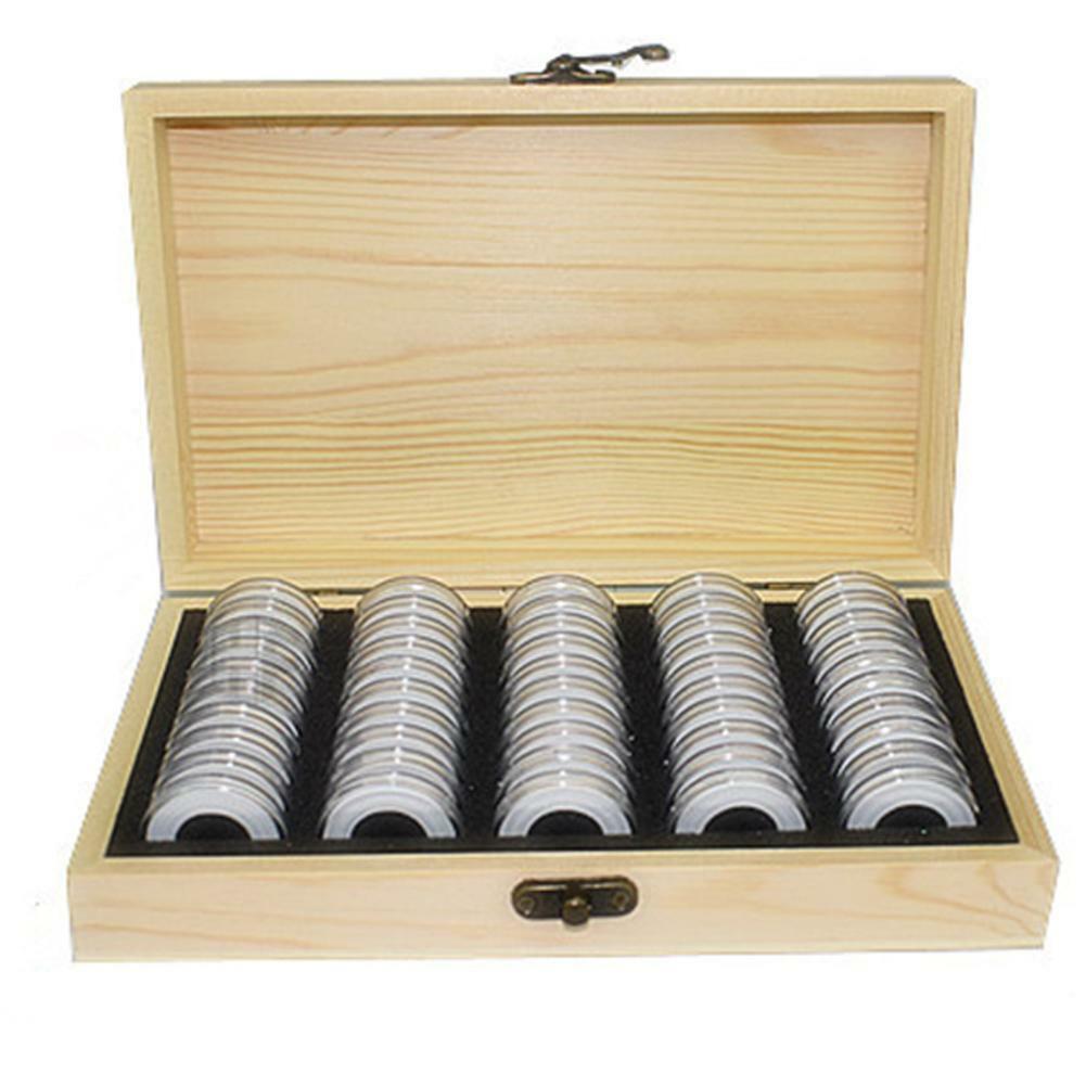 Wood Coins Storage Box Case for Slab Certified Coin with 50 Capsules