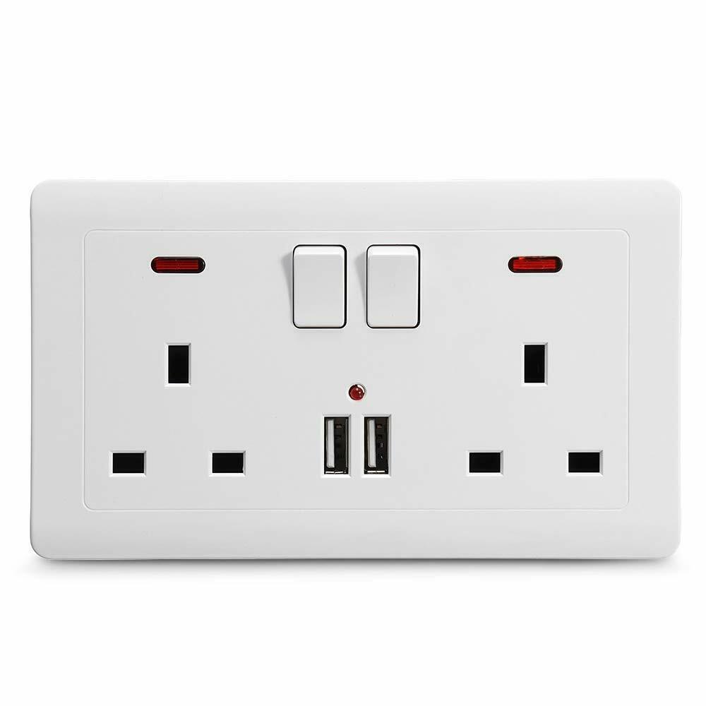 Double Wall Plug Socket 2 Gang 13A 2 USB Charger Port Outlets White Plate UK Plug