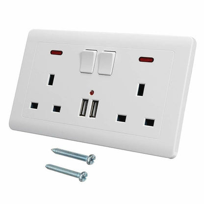 Double Wall Plug Socket 2 Gang 13A 2 USB Charger Port Outlets White Plate UK Plug