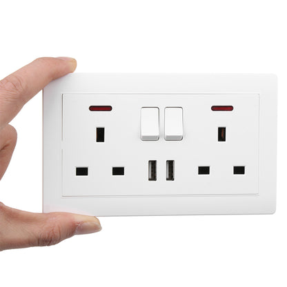 Double Wall Plug Socket 2 Gang 13A 2 USB Charger Port Outlets White Plate UK Plug