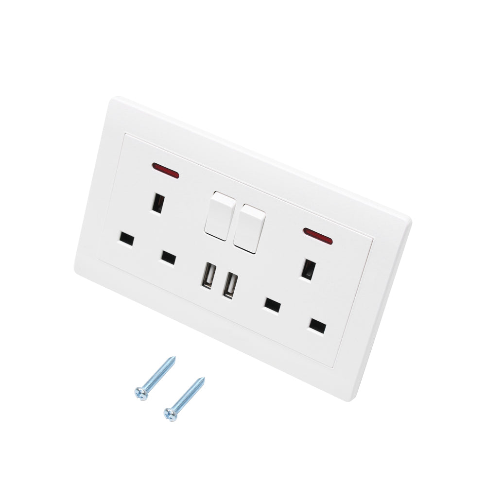 Double Wall Plug Socket 2 Gang 13A 2 USB Charger Port Outlets White Plate UK Plug