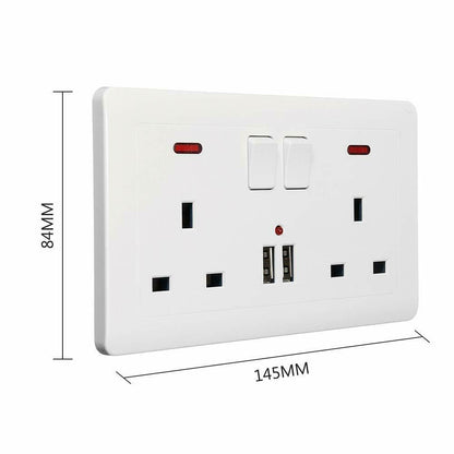 Double Wall Plug Socket 2 Gang 13A 2 USB Charger Port Outlets White Plate UK Plug