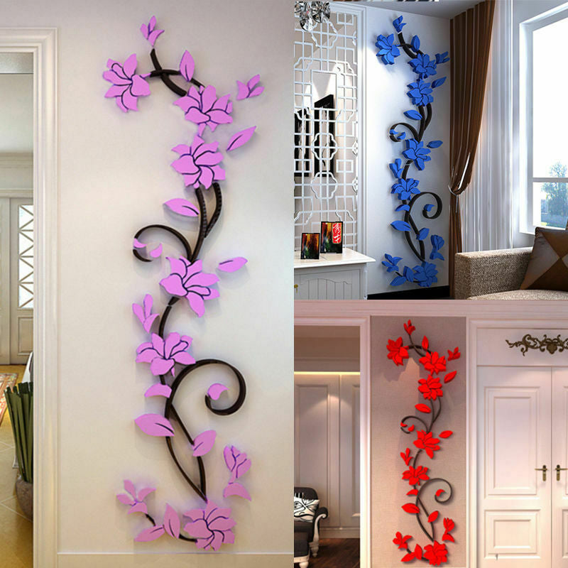 3D Acrylic Wall Sticker Removable Decal Mural Vase Flower Tree for Room Decor 24*80cm