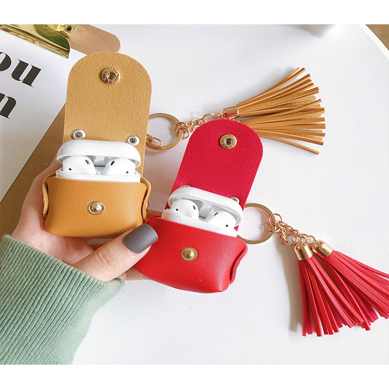 Wallet Design Tassels Decor Faux Leather Anti-Drop Bluetooth Earphone Protective Case Cover for AirPods with Wireless Charging Case (2019)/AirPods with Charging Case (2019)