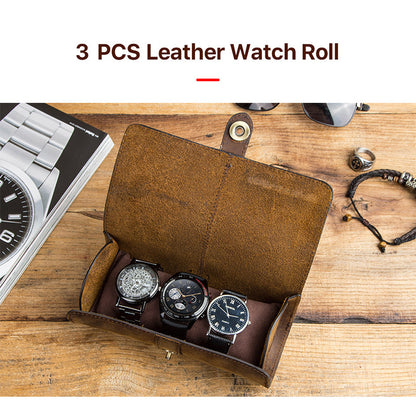 CONTACTS FAMILY Crazy Horse Texture Genuine Leather Buckle Design Watch Roll Travel Case Watch Storage Box for 3 Watches