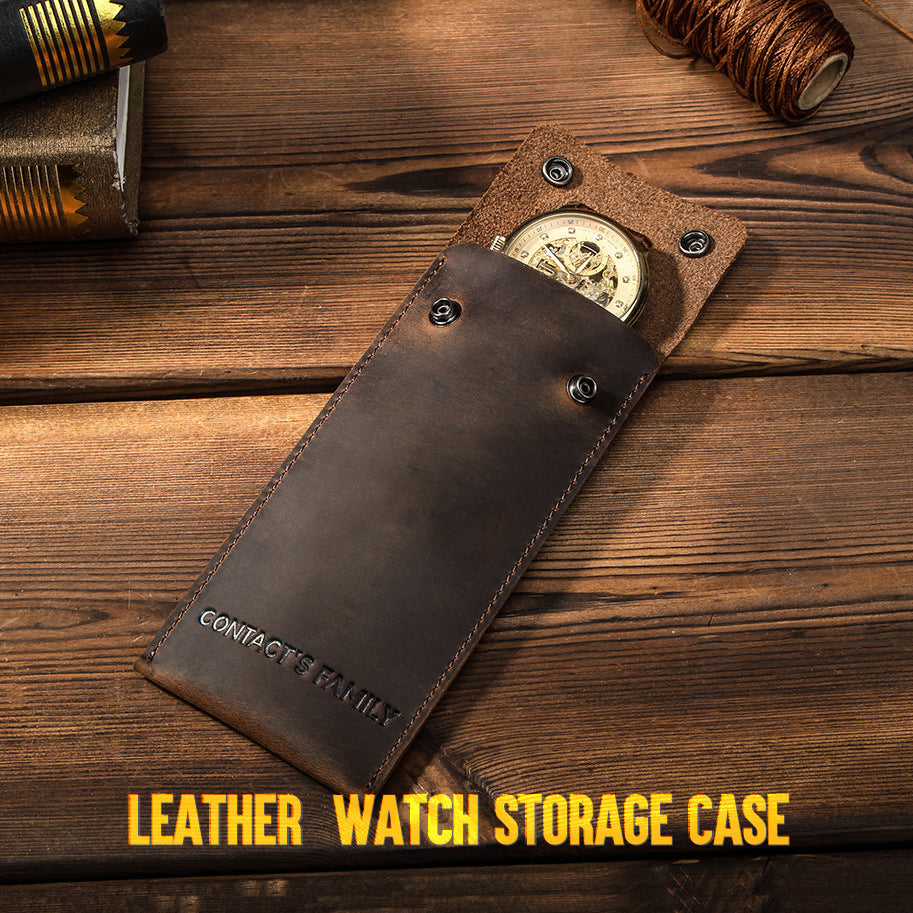 CONTACTS FAMILY Retro Crazy Horse Texture Watch Storage Bag Bracelet Storage Case Travel Genuine Leather Pouch for One Watch Storage