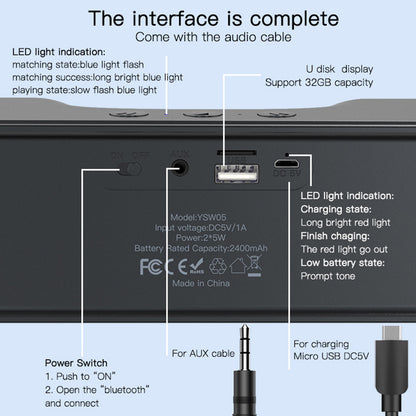 YESIDO YSW05 Rechargeable Stereo Bass Bluetooth 5.0 Speaker Music Player Subwoofer Support TF U-Disk