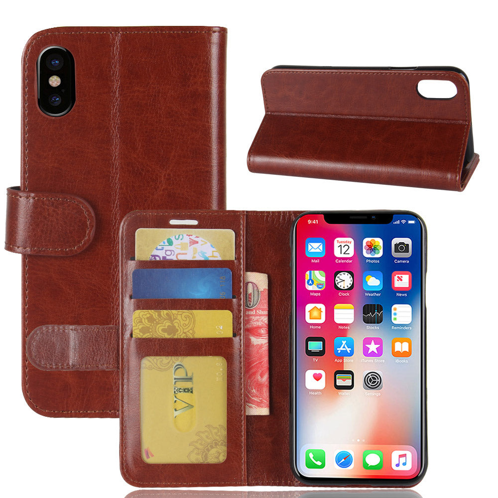 Crazy Horse Card Holder Leather Protection Phone Case for iPhone XS / X 5.8 inch