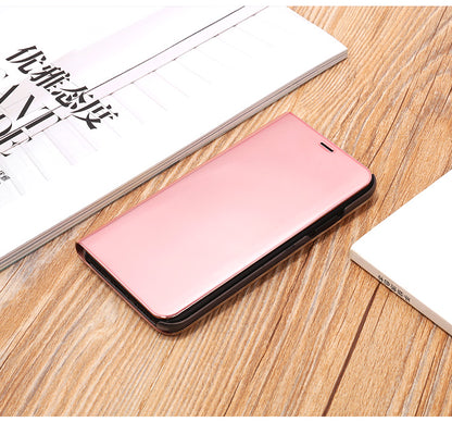 For iPhone X/XS 5.8 inch Plated Mirror Window View Leather Stand Case Cover Anti-Fingerprint Surface