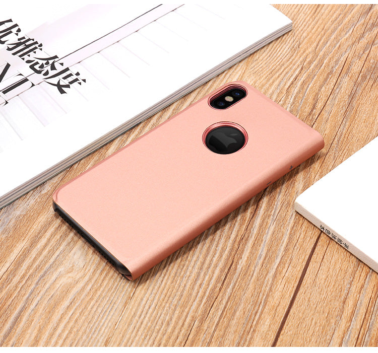 For iPhone X/XS 5.8 inch Plated Mirror Window View Leather Stand Case Cover Anti-Fingerprint Surface