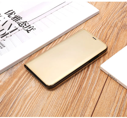 For iPhone X/XS 5.8 inch Plated Mirror Window View Leather Stand Case Cover Anti-Fingerprint Surface