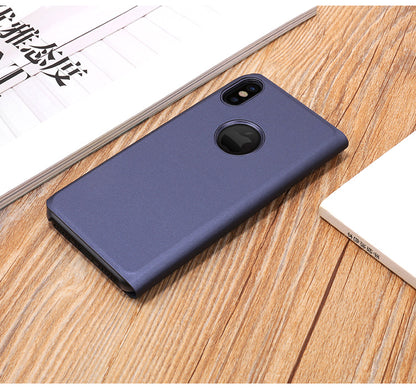 For iPhone X/XS 5.8 inch Plated Mirror Window View Leather Stand Case Cover Anti-Fingerprint Surface