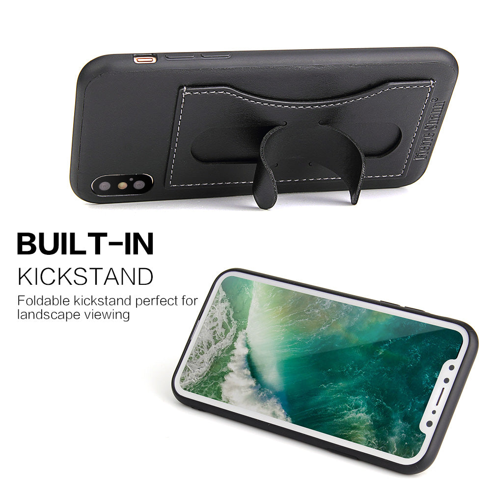 FIERRE SHANN Card Slot PU Leather Skin TPU Phone Cover with Stand for iPhone XS / X 5.8 inch