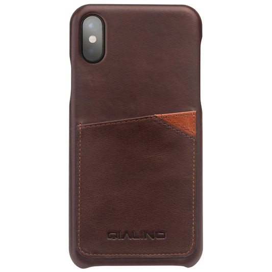 QIALINO Card Slot Cowhide Leather Coated PC Case for iPhone X  / Xs 5.8 inch- Coffee