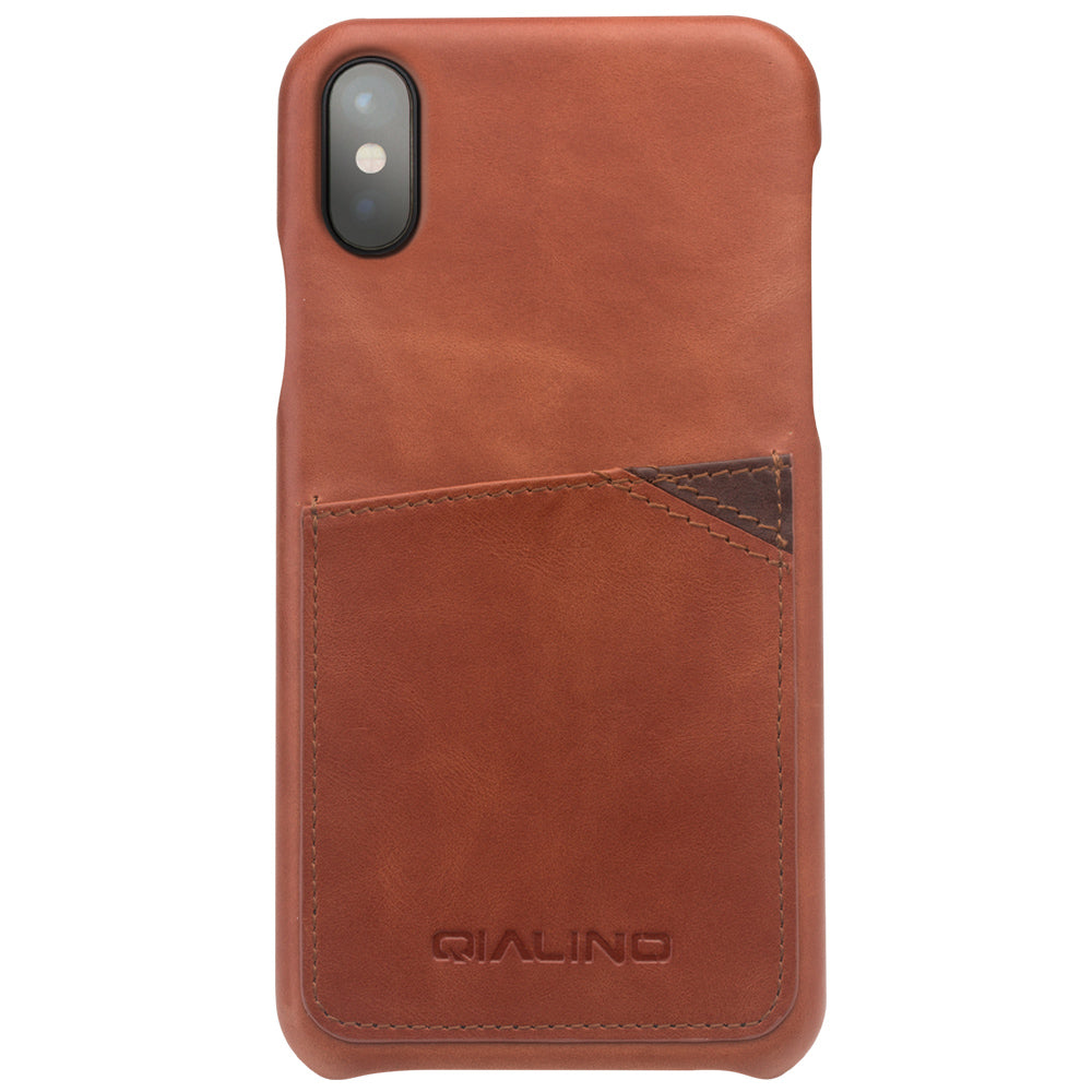 QIALINO Card Slot Cowhide Leather Coated Plastic Case for iPhone X  / Xs 5.8 inch- Brown