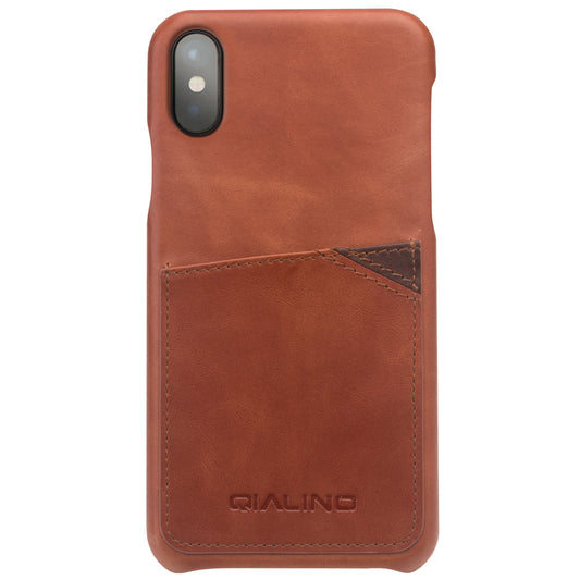 QIALINO Card Slot Cowhide Leather Coated Plastic Case for iPhone X  / Xs 5.8 inch- Brown