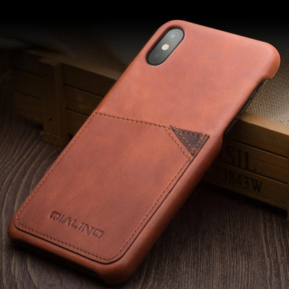 QIALINO Card Slot Cowhide Leather Coated Plastic Case for iPhone X  / Xs 5.8 inch- Brown