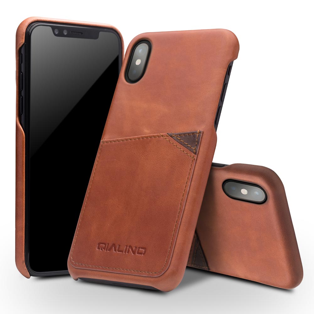 QIALINO Card Slot Cowhide Leather Coated Plastic Case for iPhone X  / Xs 5.8 inch- Brown