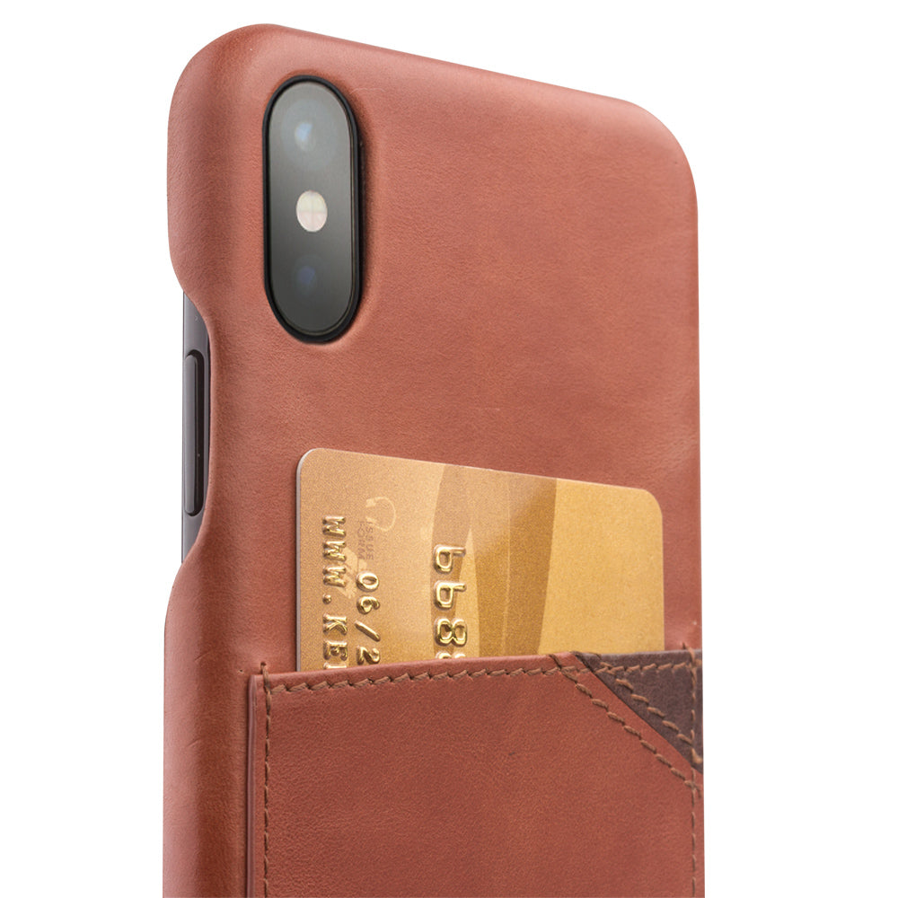 QIALINO Card Slot Cowhide Leather Coated Plastic Case for iPhone X  / Xs 5.8 inch- Brown