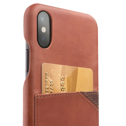 QIALINO Card Slot Cowhide Leather Coated Plastic Case for iPhone X  / Xs 5.8 inch- Brown