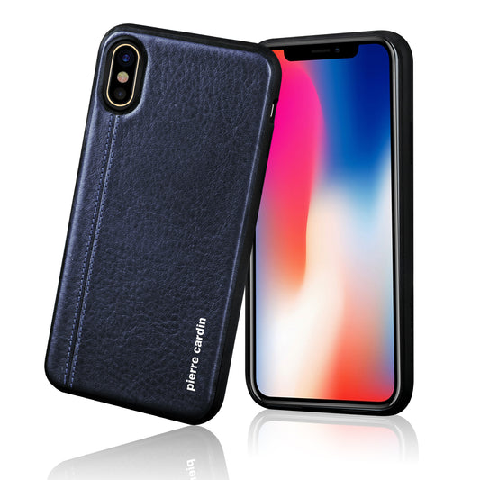 PIERRE CARDIN Stitched Genuine Leather Coated TPU Phone Case for iPhone XS / X