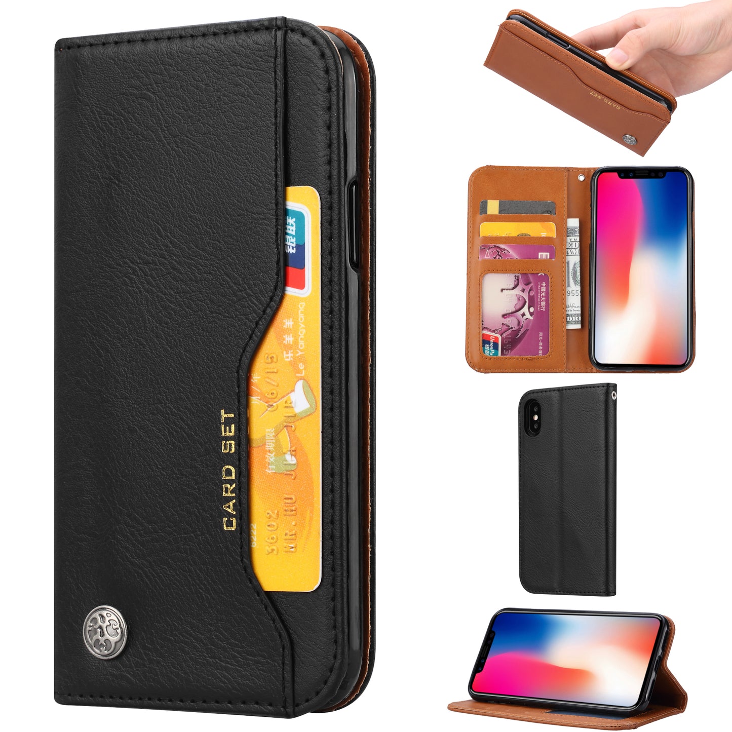 Auto-absorbed PU Leather Wallet Stand Case for iPhone XS / X 5.8 inch