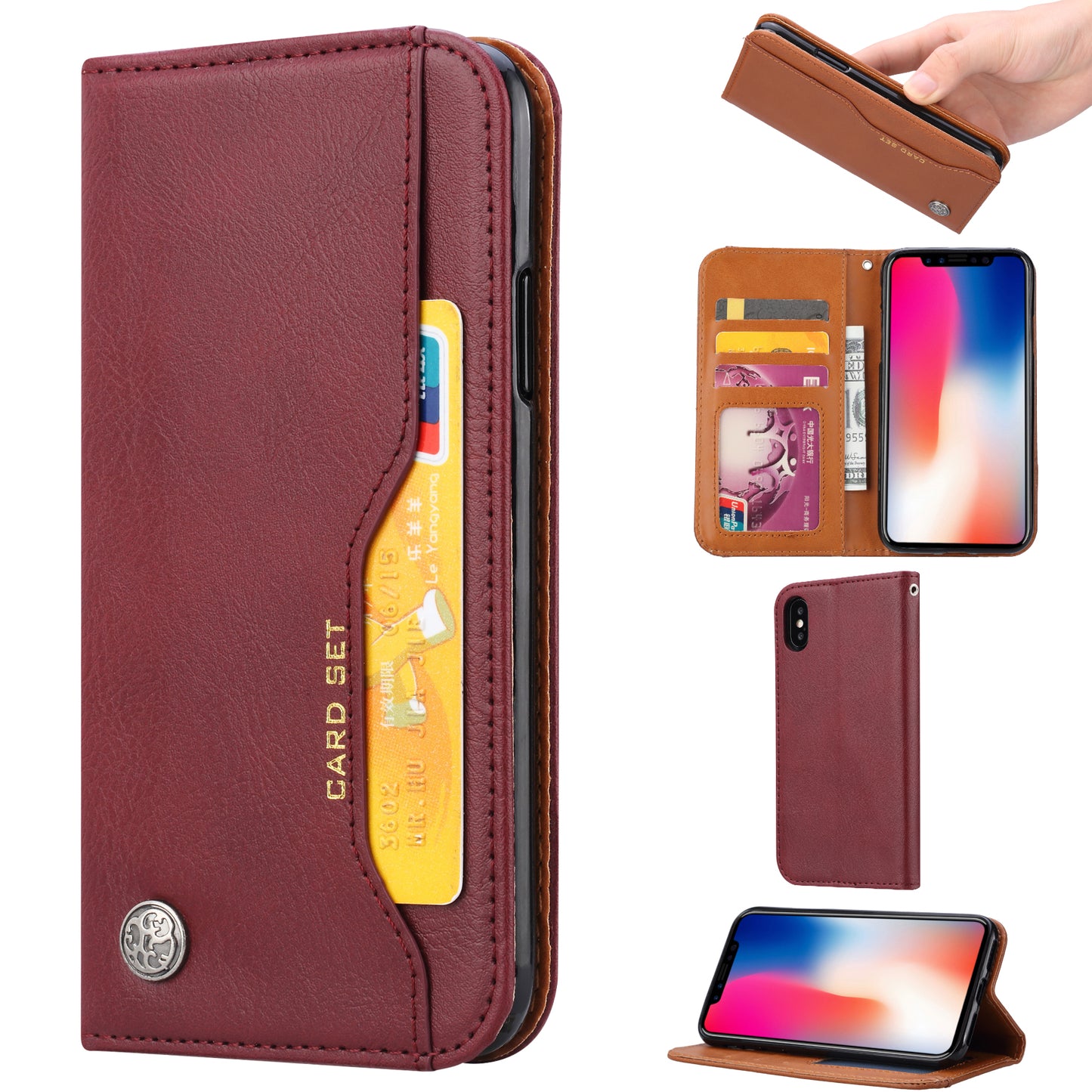 Auto-absorbed PU Leather Wallet Stand Case for iPhone XS / X 5.8 inch