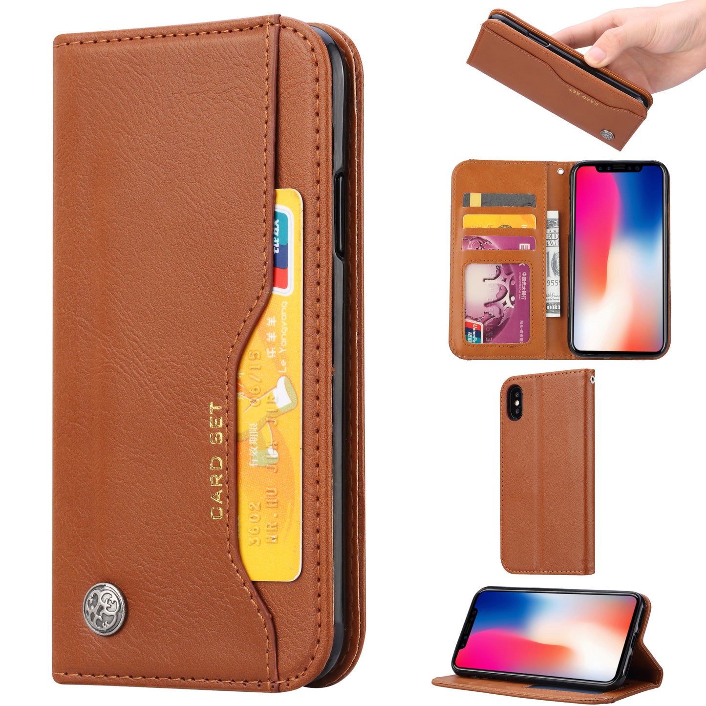 Auto-absorbed PU Leather Wallet Stand Case for iPhone XS / X 5.8 inch