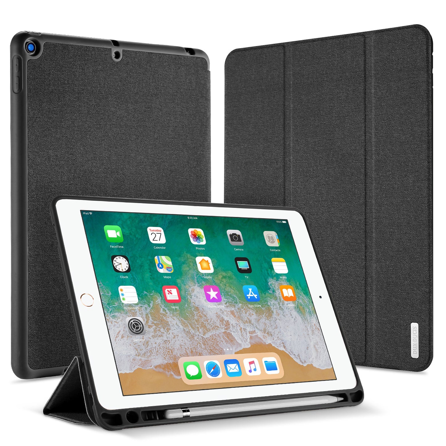 DUX DUCIS DOMO Series Tri-fold Stand PU Leather Smart Auto Wake/Sleep Cover with Pen Groove for iPad 9.7-inch (2018) / (2017)