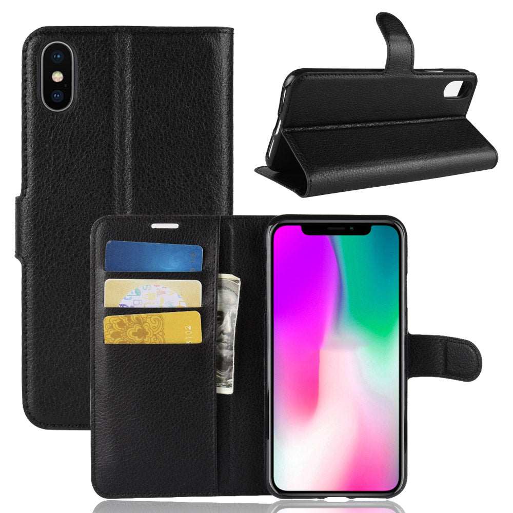 For iPhone XR 6.1 inch Folio Flip Litchi Texture Leather Wallet Stand Cell Phone Cover Shell