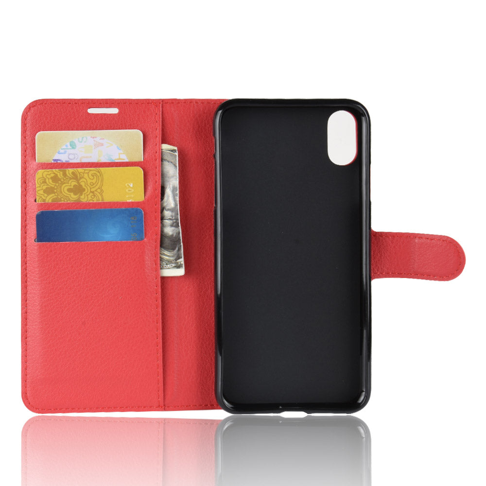 For iPhone XR 6.1 inch Folio Flip Litchi Texture Leather Wallet Stand Cell Phone Cover Shell