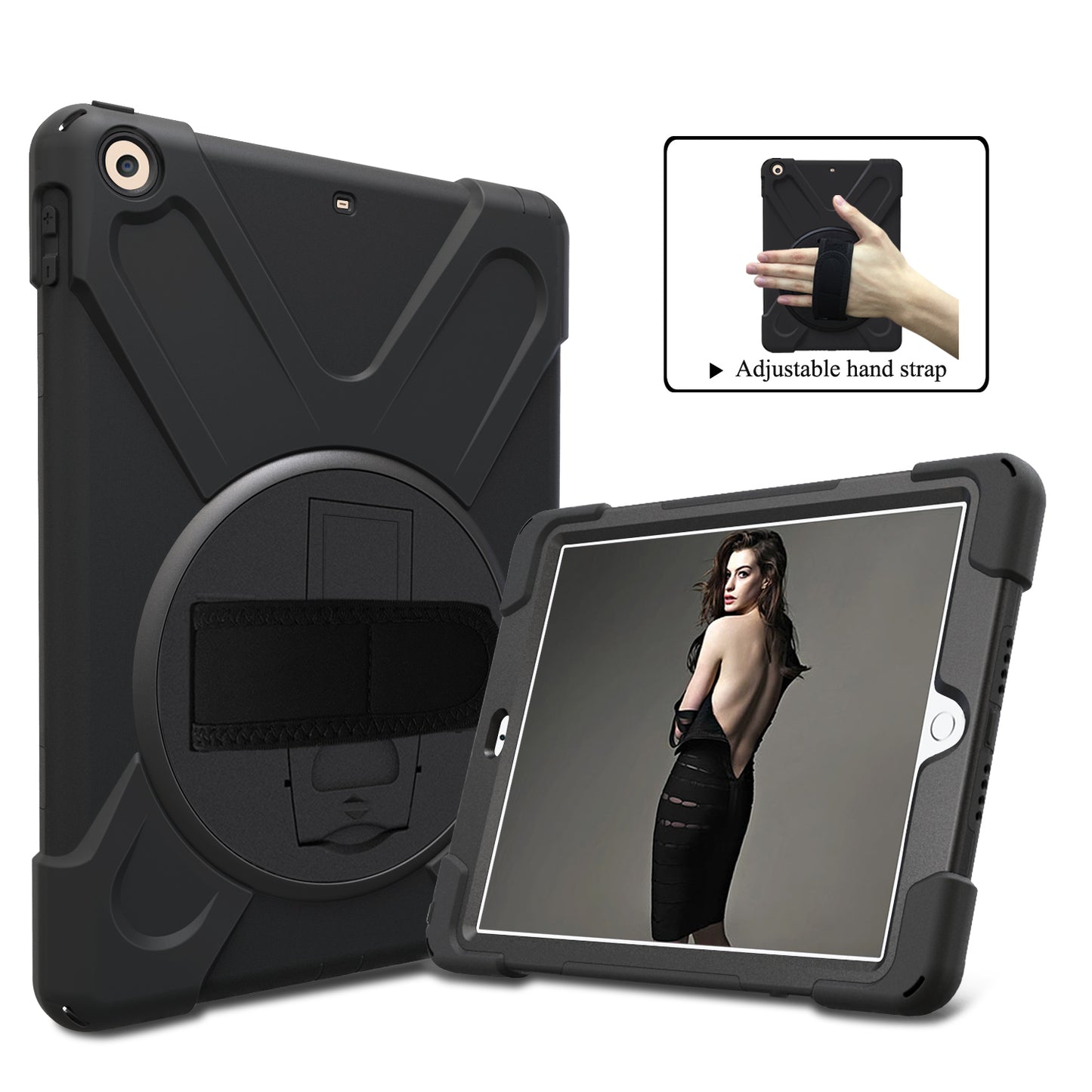 For iPad 9.7 (2018)/9.7 (2017) X-Shape 360 Degree Swivel PC + TPU Combo Kickstand Case with Hand Holder Strap