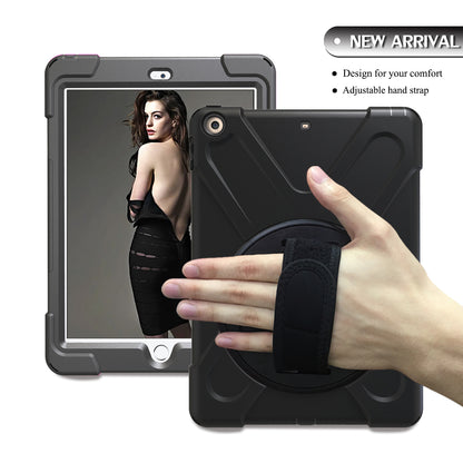 For iPad 9.7 (2018)/9.7 (2017) X-Shape 360 Degree Swivel PC + TPU Combo Kickstand Case with Hand Holder Strap