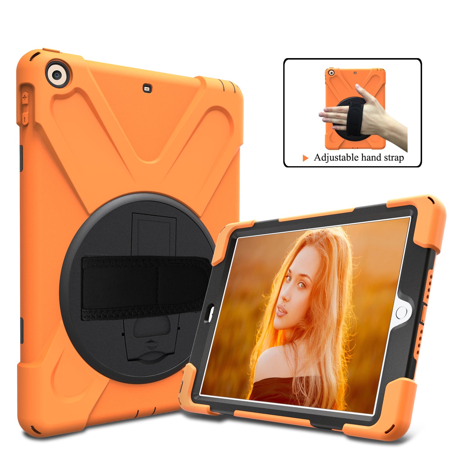 For iPad 9.7 (2018)/9.7 (2017) X-Shape 360 Degree Swivel PC + TPU Combo Kickstand Case with Hand Holder Strap