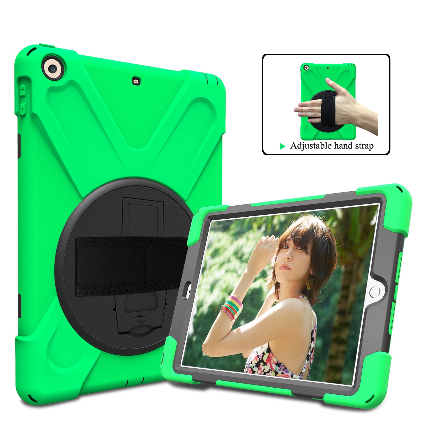 For iPad 9.7 (2018)/9.7 (2017) X-Shape 360 Degree Swivel PC + TPU Combo Kickstand Case with Hand Holder Strap