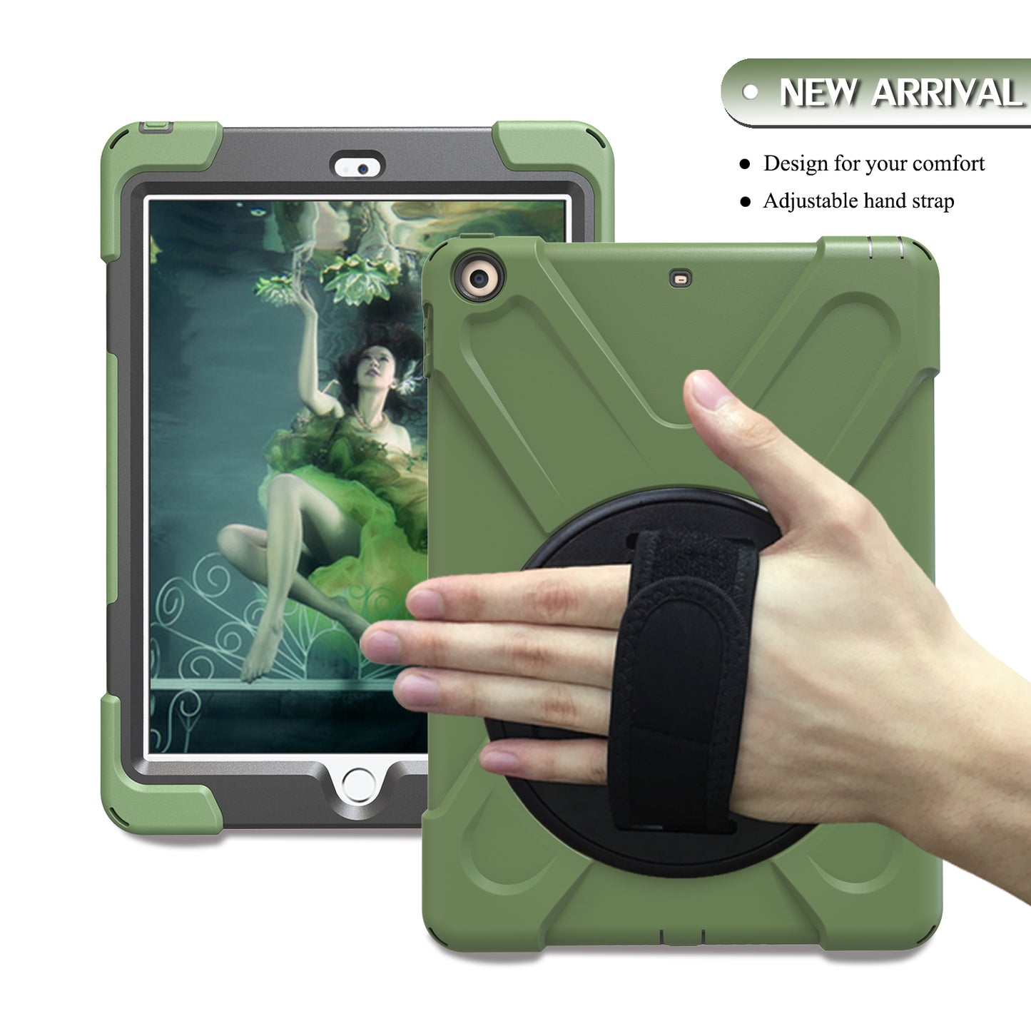 For iPad 9.7 (2018)/9.7 (2017) X-Shape 360 Degree Swivel PC + TPU Combo Kickstand Case with Hand Holder Strap