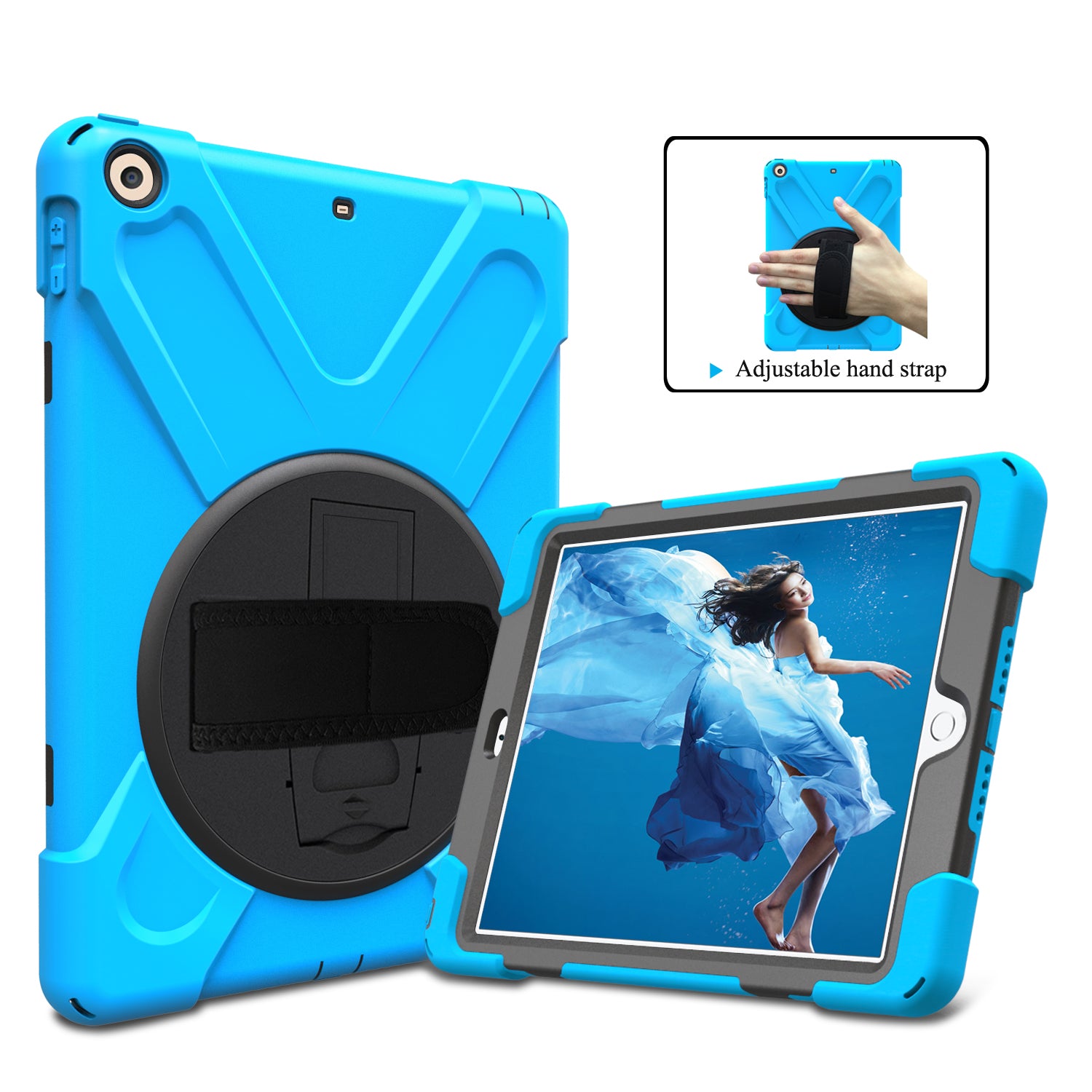 For iPad 9.7 (2018)/9.7 (2017) X-Shape 360 Degree Swivel PC + TPU Combo Kickstand Case with Hand Holder Strap