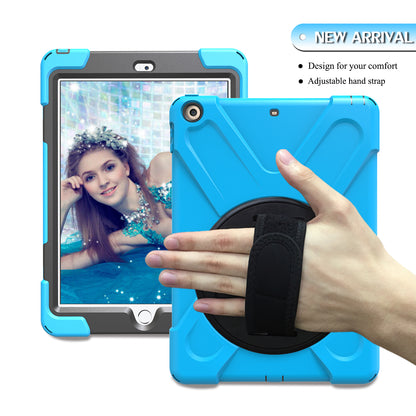 For iPad 9.7 (2018)/9.7 (2017) X-Shape 360 Degree Swivel PC + TPU Combo Kickstand Case with Hand Holder Strap