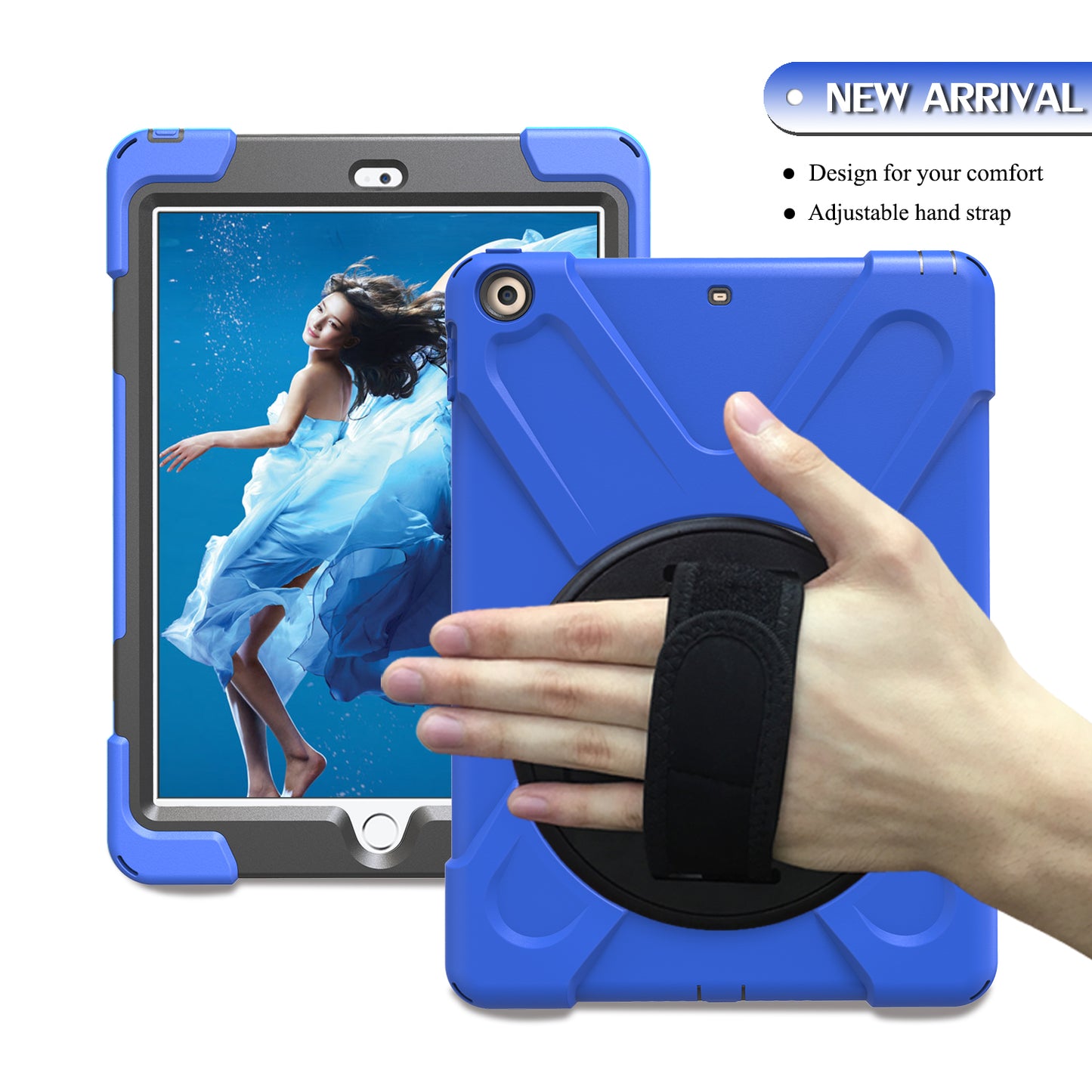 For iPad 9.7 (2018)/9.7 (2017) X-Shape 360 Degree Swivel PC + TPU Combo Kickstand Case with Hand Holder Strap