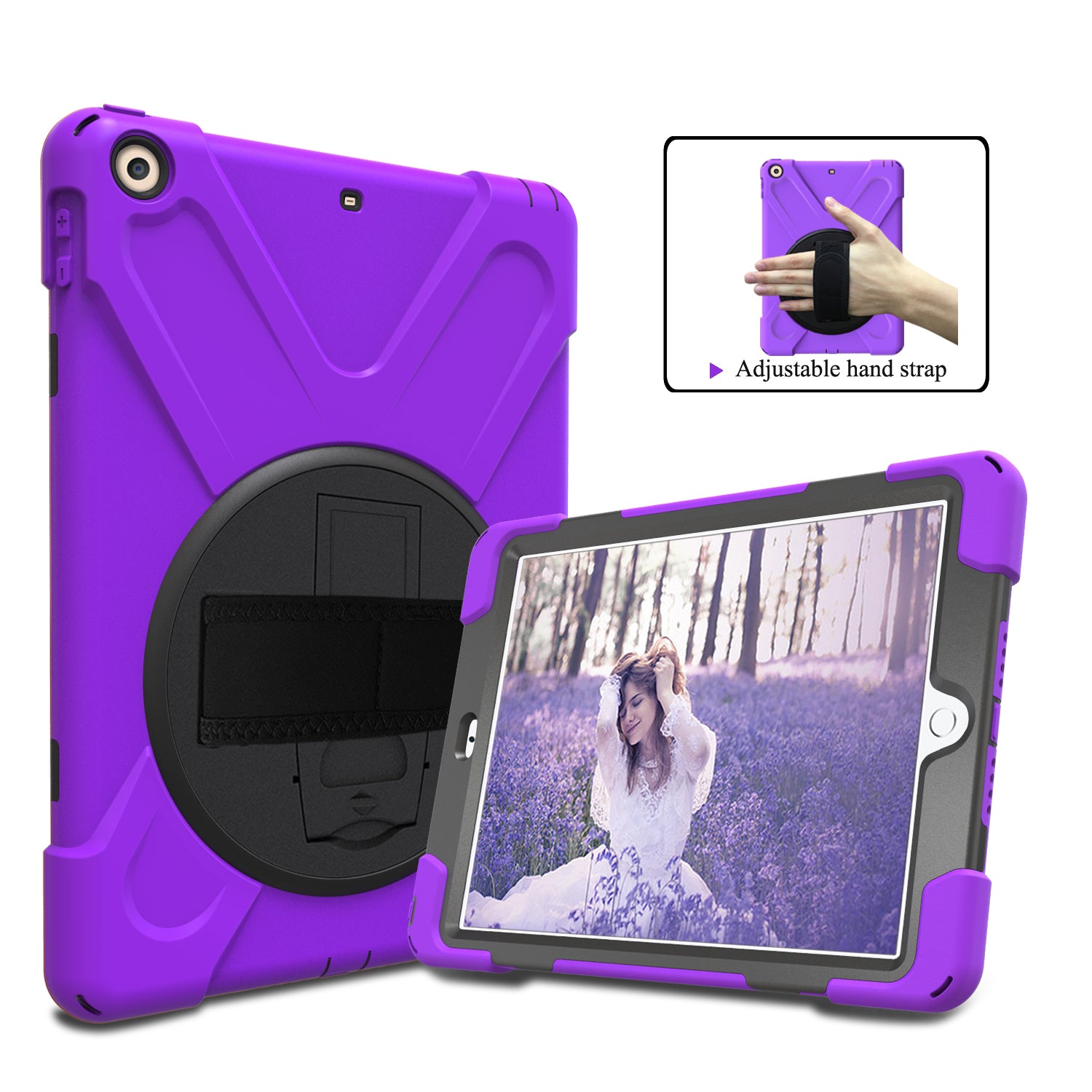 For iPad 9.7 (2018)/9.7 (2017) X-Shape 360 Degree Swivel PC + TPU Combo Kickstand Case with Hand Holder Strap