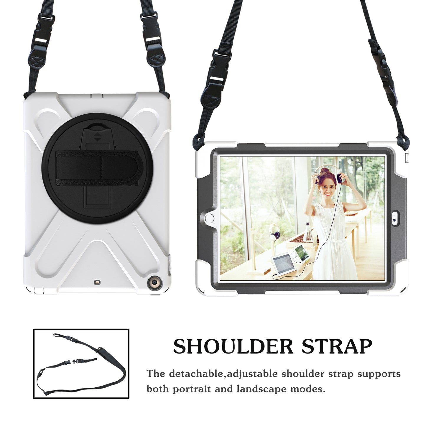 For iPad 9.7 (2018)/9.7 (2017) X-Shape 360 Degree Swivel PC + TPU Combo Kickstand Protective Case with Hand Holder Strap and Shoulder Strap