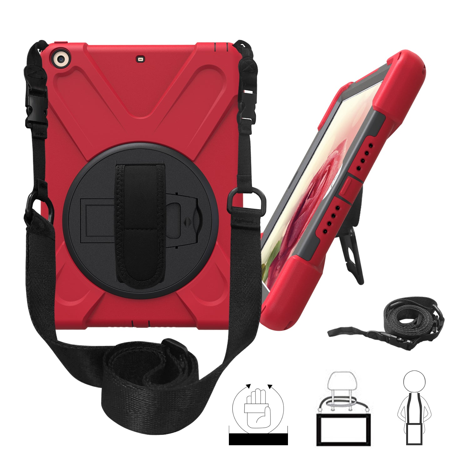 For iPad 9.7 (2018)/9.7 (2017) X-Shape 360 Degree Swivel PC + TPU Combo Kickstand Protective Case with Hand Holder Strap and Shoulder Strap