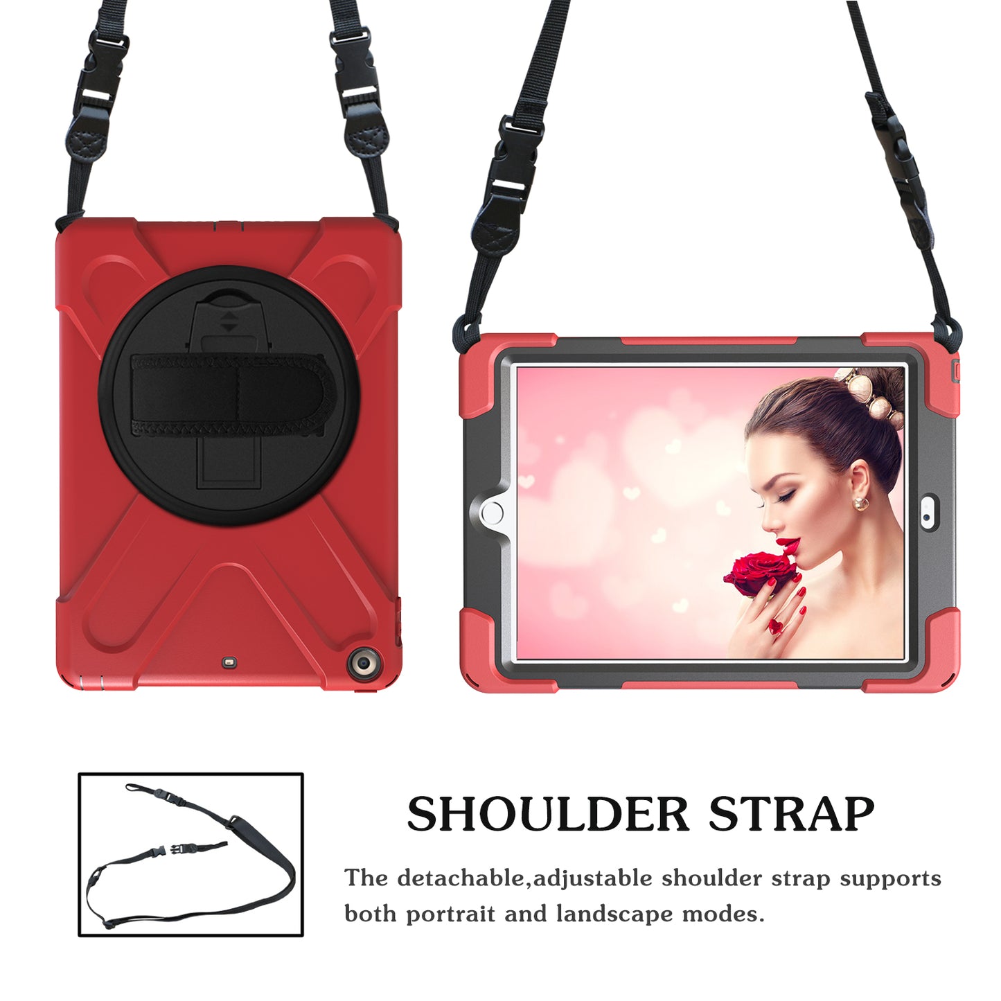 For iPad 9.7 (2018)/9.7 (2017) X-Shape 360 Degree Swivel PC + TPU Combo Kickstand Protective Case with Hand Holder Strap and Shoulder Strap