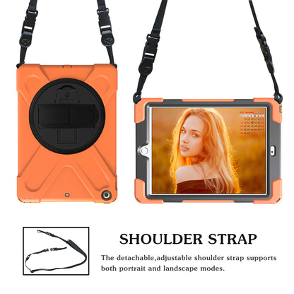 For iPad 9.7 (2018)/9.7 (2017) X-Shape 360 Degree Swivel PC + TPU Combo Kickstand Protective Case with Hand Holder Strap and Shoulder Strap